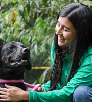 perro color negro al aire libre con collar y mujer con chaqueta verde 